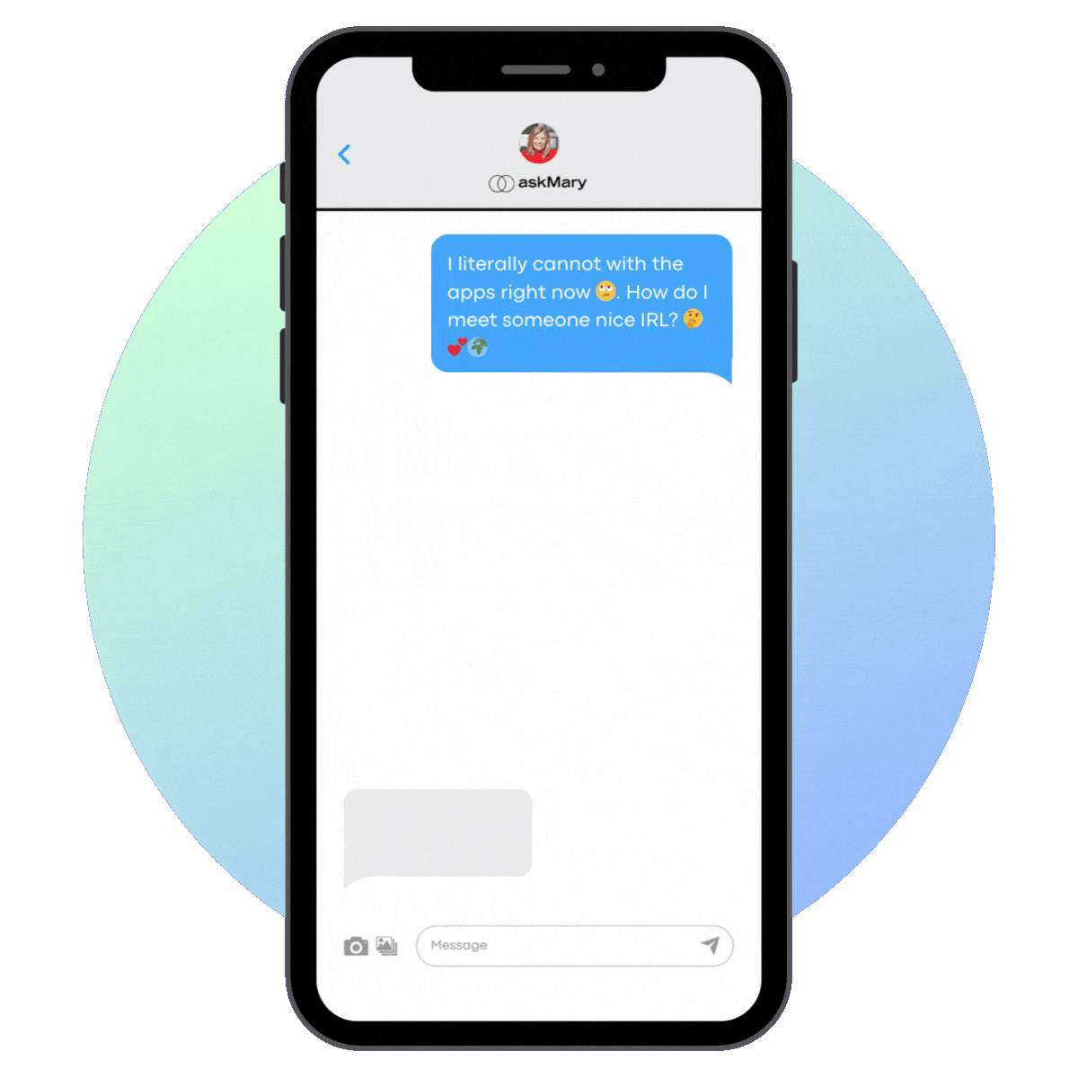 Animated phone screen showing a text-message conversation with Mary